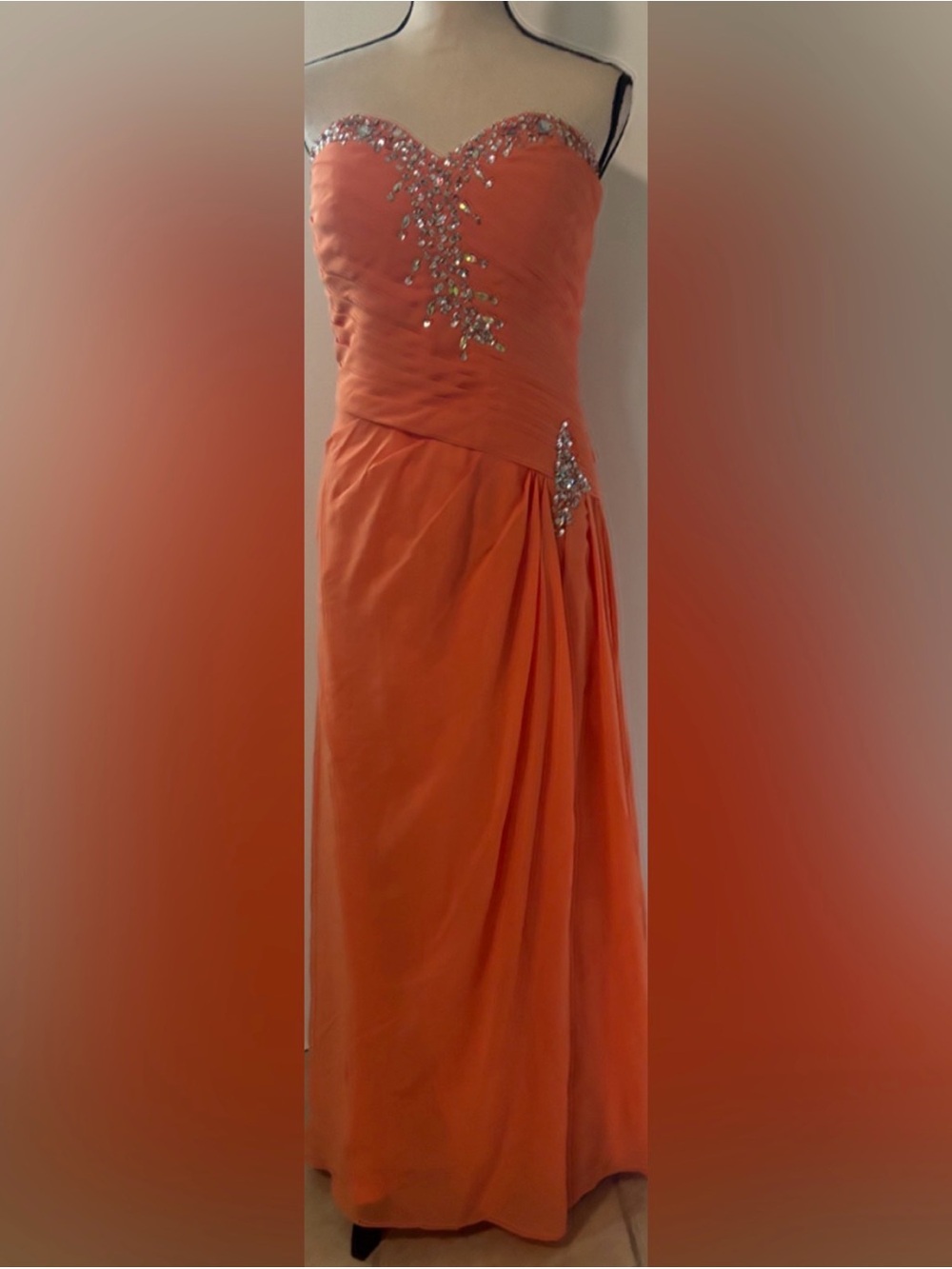 JJ’s House Strapless Orange Evening Gown with Crystal Embellishment